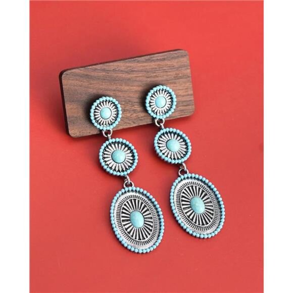 Western Turquoise Earrings | Silver Boho Cowgirl Dangle Jewelry - Picture 3 of 3